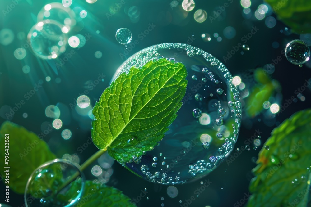 Poster close up of a leaf with bubbles, suitable for nature and science themes