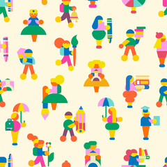 Fototapeta premium Children seamless pattern. Modern minimalistic design of crowd of people with school supplies or drawing supplies. Perfect for back to school themes, wrapping, advertising, invitations and more