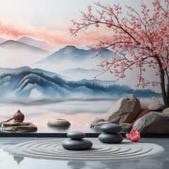 b'A Zen garden with a cherry blossom tree, rocks, and a sand circle' - obrazy, fototapety, plakaty