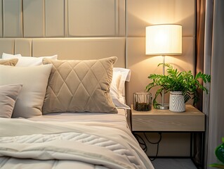 Bedroom interior, nightstand with lamp and home plant near bed. Close up shot of bed headboard with pillows and bedside table. Apartment in modern style