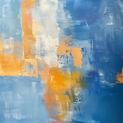 a blue and yellow abstract artwork with white brushstrokes that has a rustic feel and a light sky-blue and pale orange style