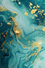 turquise background, gold swirls and particles, abstract fluid shapes, gradient effect, glitter texture,