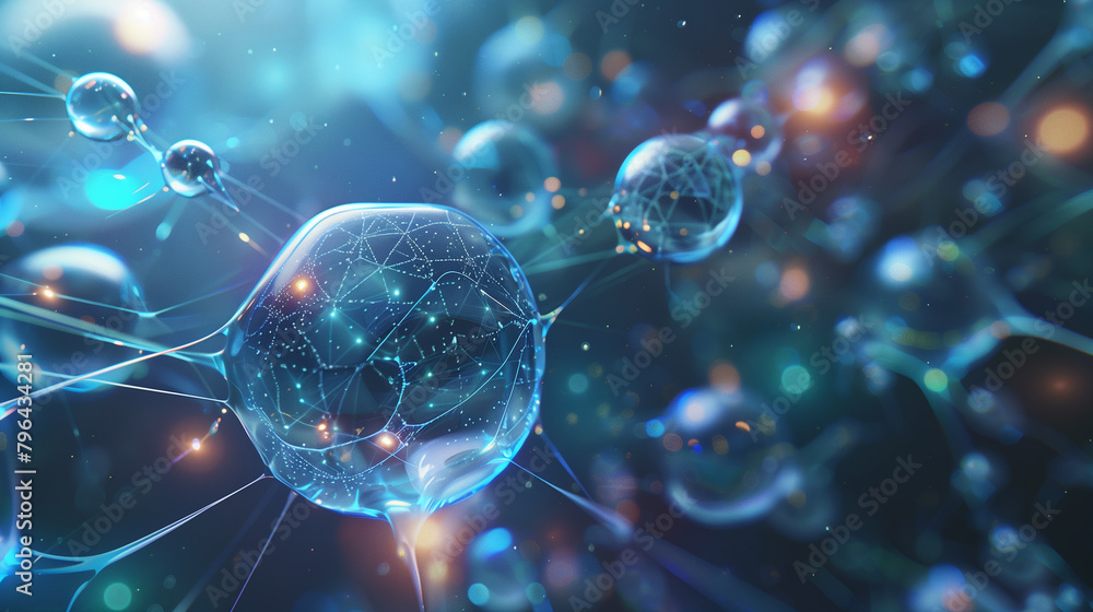 Poster a colorful image of many small spheres, some of which are blue and some are purple. the image has a 