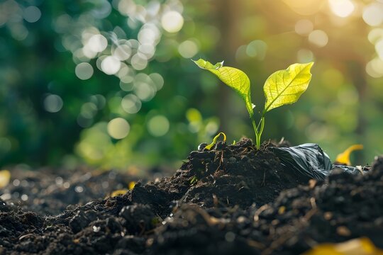 Biodegradable plastics decompose in composting area reducing landfill waste. Concept Biodegradable plastics, composting, reducing landfill waste