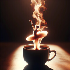An espresso cup of hot coffee and steam in shape of a ballerina in a spotlight against dark background. Concept of artisan coffee, coffee lovers, morning rituals. AI Generated illustration