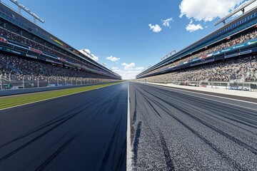 Empty race track with stadium seating on both sides