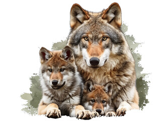 Obraz premium A realistic illustration of a wolf family, featuring an adult wolf and two cubs against a white background.