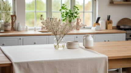 b'A minimalist kitchen with a vase of flowers on the table'