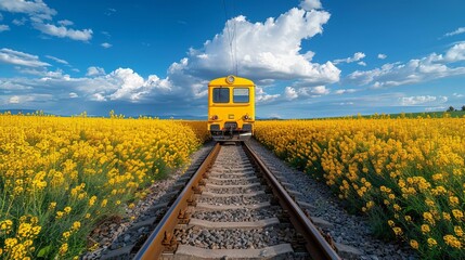 b'A yellow train passing through a field of yellow flowers'