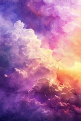 watercolor pastel purple and pastel yellow clouds and starry sky texture, painting style 