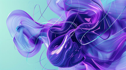Dynamic abstract artwork featuring fluid purple shapes and cyan lines, evoking modernity and innovation.