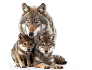Obraz premium A portrait of an adult wolf with two wolf pups, all looking directly at the camera against a white background.