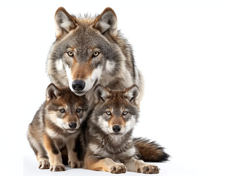 A portrait of an adult wolf with two wolf pups, all looking directly at the camera against a white background.