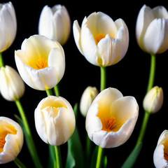 "(((White tulips on black background)))  A striking and photorealistic image of white tulips set against a dramatic black background, highlighting the delicate beauty of the flowers in a high-contrast