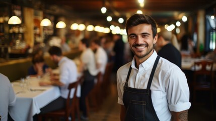 b'Portrait of a happy young male waiter in a busy restaurant' - obrazy, fototapety, plakaty