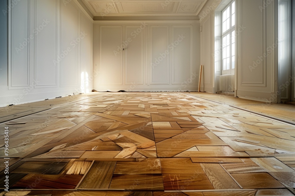 Poster simple empty room with wood flooring, suitable for various design concepts