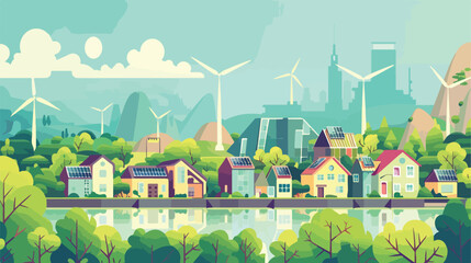 Green energy city view with residential houses 