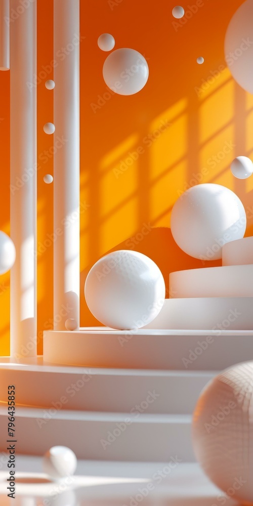 Poster b'3D rendering of a surreal geometric space with floating spheres and a podium'