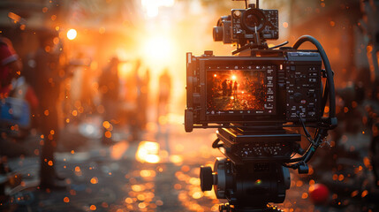 Professional film director's camera setup captures a scene on a bustling movie set, enhanced by dynamic lighting and vivid bokeh.