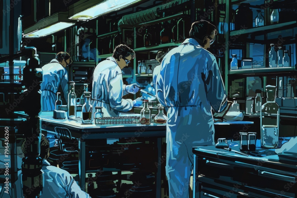 Poster a painting of a group of people working in a lab. suitable for educational and scientific projects