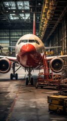 b'commercial airplane in hangar undergoing maintenance'