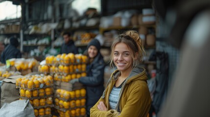 Cheerful young woman smiles at the camera while standing at a bustling urban farmers market. Diverse friends and fresh produce in the background.