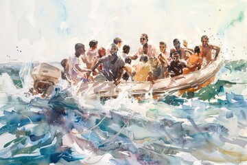 A painting of a group of people enjoying a boat ride. Suitable for travel and leisure concepts