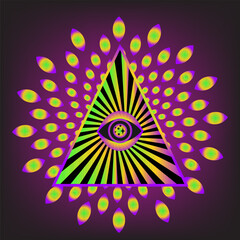Eye optical illusion psychedelic. Lineart Vector illustration. Magic celestial witchcraft symbol. Masonic symbol. Hand drawn logo or emblem - obrazy, fototapety, plakaty