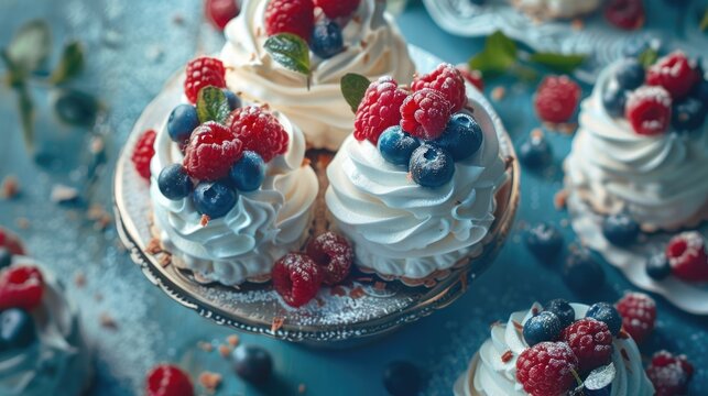 Delicious cupcakes with colorful frosting and fresh berries, perfect for bakery or dessert concept