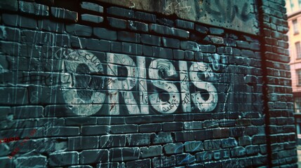 CRISIS mark text on dark brick wall background. Crisis situation, warning, emergency concept