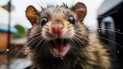 b'Close-up photo of a wet rat with its mouth open'