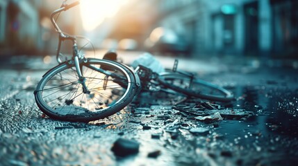 Crushed bicycle in street blured background - obrazy, fototapety, plakaty