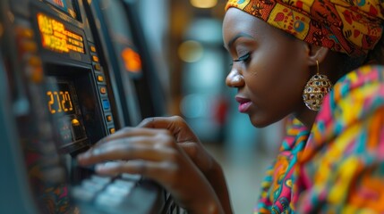 Fototapeta premium Focused African American woman uses an ATM. Captured in a vibrant outfit, she securely types her PIN, emphasizing security and cultural heritage.