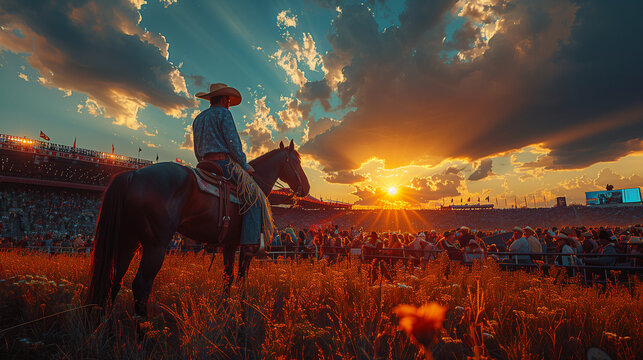 Calgary Stampede Festival in the afternoon, crowds crowd around the main arena, sunset highlights with shining cowboy outfits and majestic horses, Ai generated Images