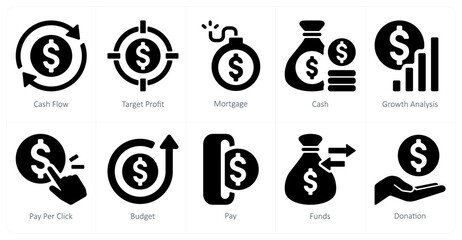 A set of 10 finance icons as cash flow, target profit, mortgage