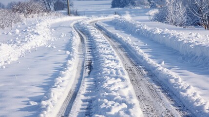 A snowcovered road the pure white blanket hiding the surface of the pavement underneath. Tire tracks show where others have braved . AI generation.