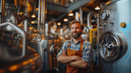 Cheerful male brewer stands confidently in a brewery, surrounded by stainless steel tanks, embodying expertise and passion in craft brewing.