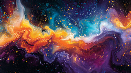 Ink explosions morph into cosmic landscapes, inviting viewers to ponder the mysteries of the...
