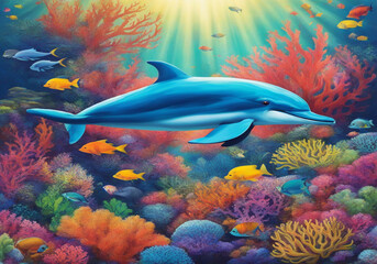 Fototapeta na wymiar Dolphin Coral Colorful Fish Under the Sea 