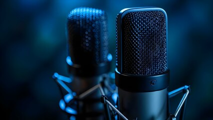 Two microphones in a dimly lit podcast or interview room against a plain background. Concept Podcast Setup, Interview Room, Microphone Placement, Dimly Lit Setting, Plain Background