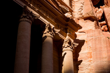 A detail view of The Treasury in the archeological site of Petra in Jordan