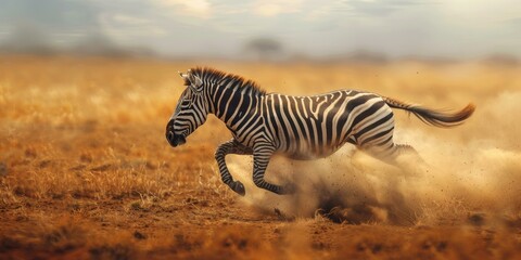 A galloping zebra in the middle of a dry African savanna