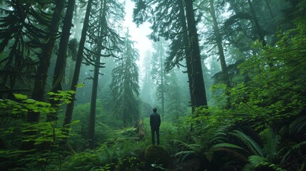 A lone figure stands at the edge of a thick forest with back to the camera as they marvel at the...