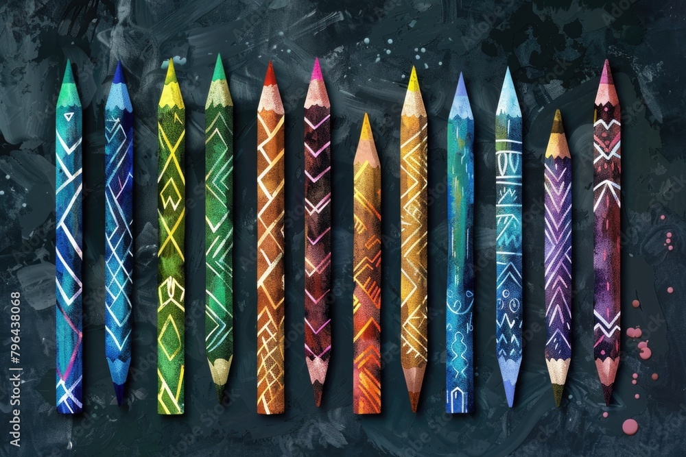 Poster a group of colored pencils lined up together. ideal for educational and artistic projects