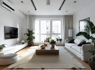 Fototapeta na wymiar b'Bright and Airy Living Room With Plants'
