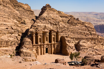 A view from above of the Monastery in the archeological site of Petra in Jordan