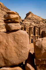 A view from avbove of The Monastery  in the archeological site of Petra in Jordan