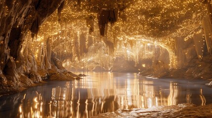 The cave sparkles with beautiful lights, creating a magical scene