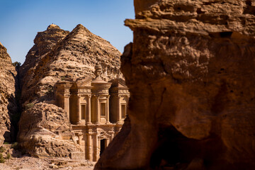 A view from avbove of The Monastery  in the archeological site of Petra in Jordan