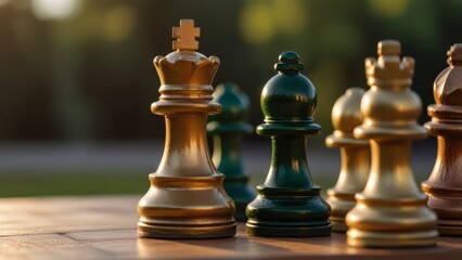 A king chess piece and chess pieces on the table outdoor. Sunny day